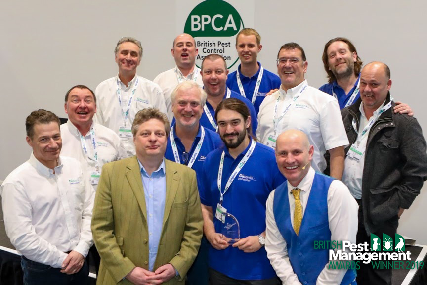 The Cleankilll team with Henry Mott, a member of the BPMA’s judging panel (front row second left, green jacket) and event host, TV wildlife presenter Mike Dilger (front row, right).